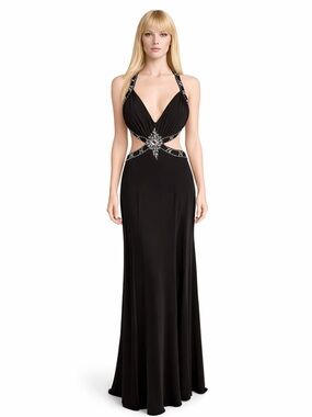 David's Bridal Black Evening Halter Gown with Beaded Cutouts